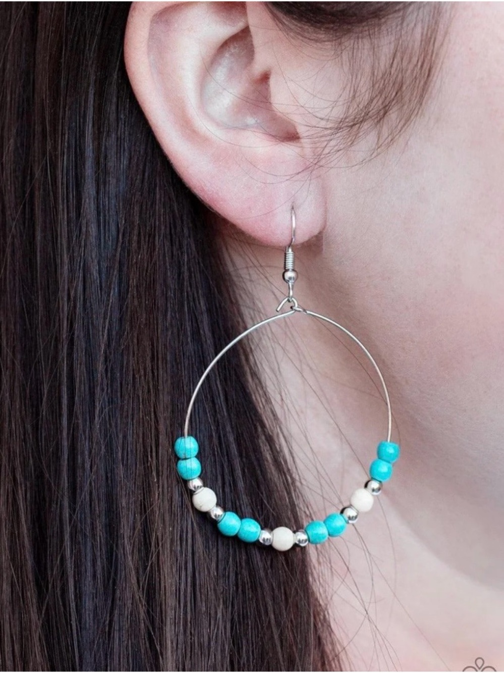 paparazzi Turquoise and Cream Beaded Hoop Earrings with Silver Accents